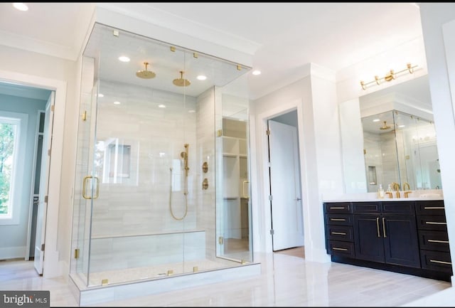 full bathroom featuring recessed lighting, a shower stall, crown molding, and vanity