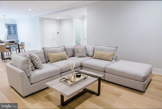 living room with light wood-type flooring and recessed lighting