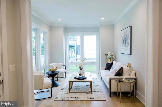 living room featuring ornamental molding, wood finished floors, and recessed lighting