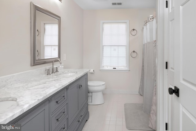 bathroom with a healthy amount of sunlight, visible vents, a sink, and toilet