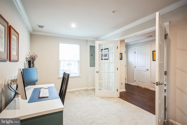 carpeted office with electric panel, baseboards, visible vents, ornamental molding, and french doors