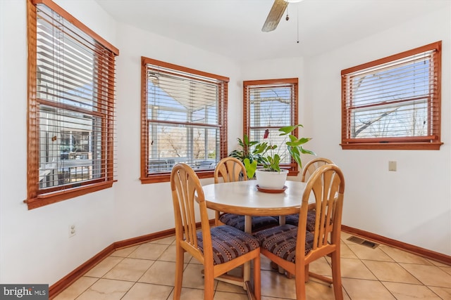 dining room featuring light tile patterned floors, visible vents, a ceiling fan, and baseboards