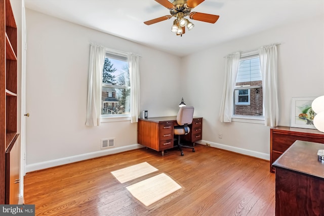 office with visible vents, baseboards, a healthy amount of sunlight, and wood finished floors