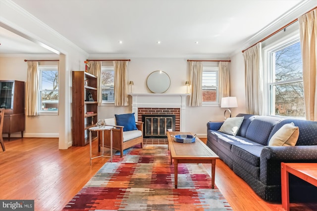 living room featuring a fireplace, wood finished floors, baseboards, and ornamental molding