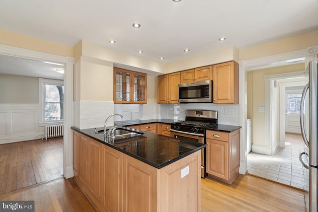 kitchen featuring radiator, appliances with stainless steel finishes, light wood-style floors, a sink, and a peninsula