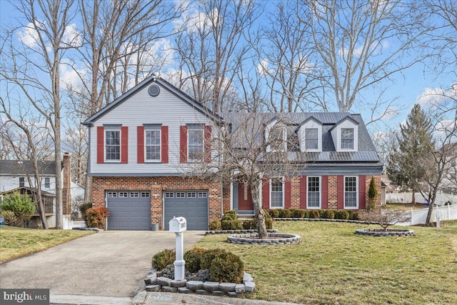 view of front facade featuring driveway, a front yard, and brick siding