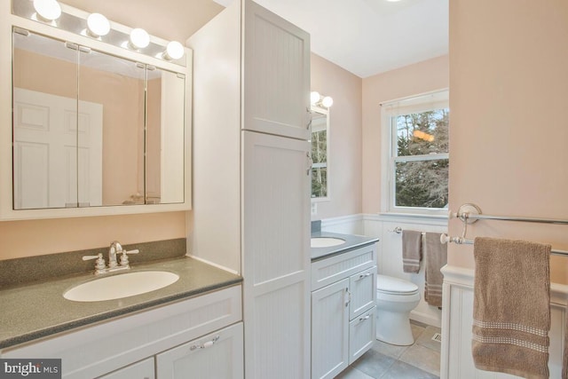 bathroom with wainscoting, vanity, toilet, and tile patterned floors