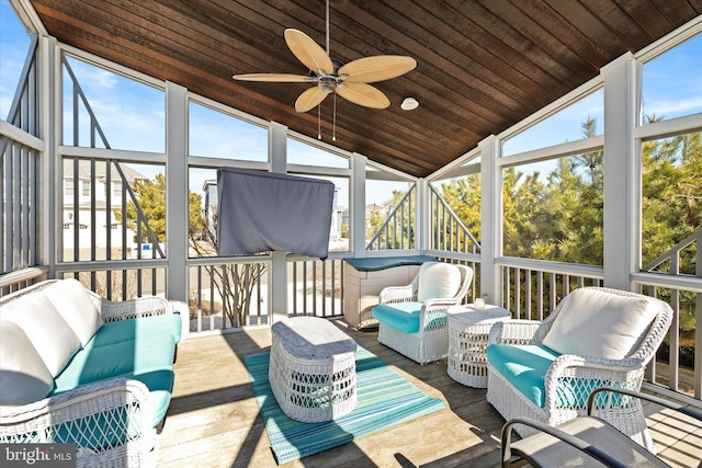 14 Buckingham Ave, Harvey Cedars, NJ 08008 - sunroom featuring vaulted ceiling, ceiling fan, and wood ceiling