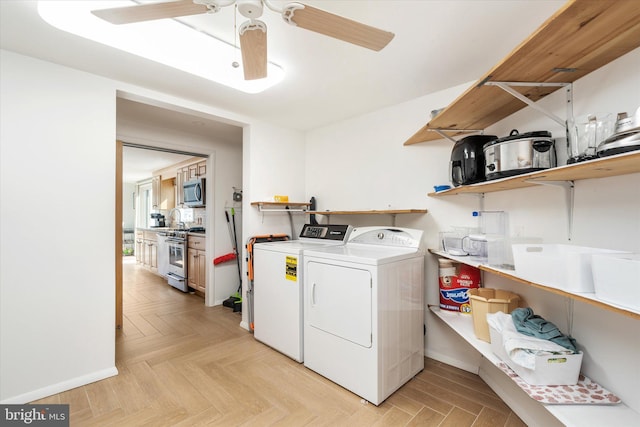 14 Buckingham Ave, Harvey Cedars, NJ 08008 - washroom featuring laundry area, baseboards, ceiling fan, and washing machine and clothes dryer