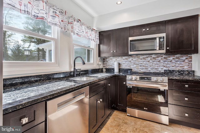 kitchen featuring stainless steel appliances, a sink, backsplash, and dark stone countertops