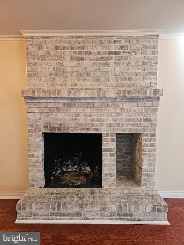 room details featuring a fireplace, wood finished floors, and crown molding