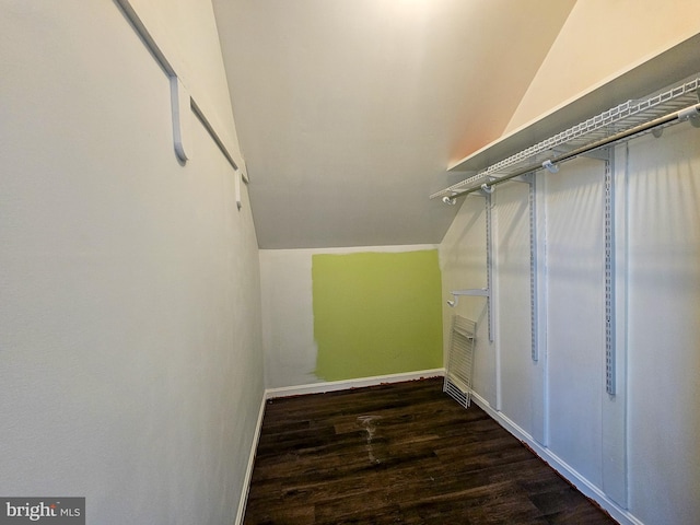 spacious closet featuring vaulted ceiling and wood finished floors