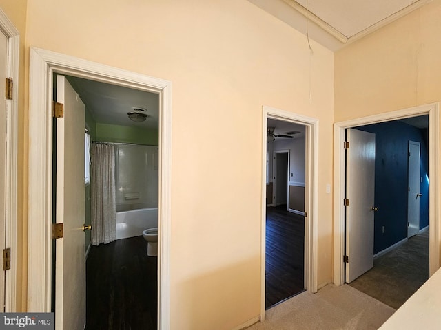 corridor featuring a towering ceiling, carpet, attic access, and wood finished floors