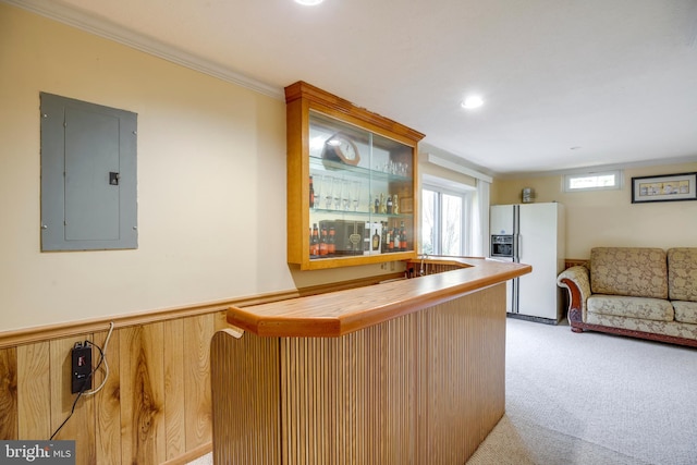 bar featuring a dry bar, ornamental molding, light carpet, white fridge with ice dispenser, and electric panel