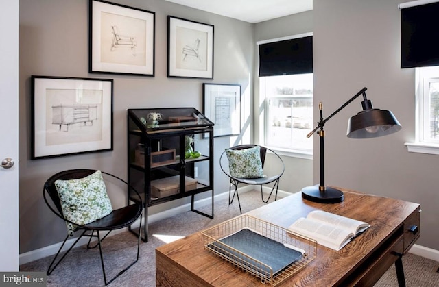 office featuring light colored carpet and baseboards