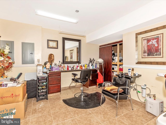 home office with electric panel and tile patterned floors