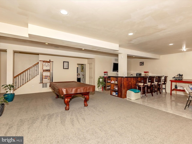 playroom with recessed lighting, a dry bar, pool table, and carpet