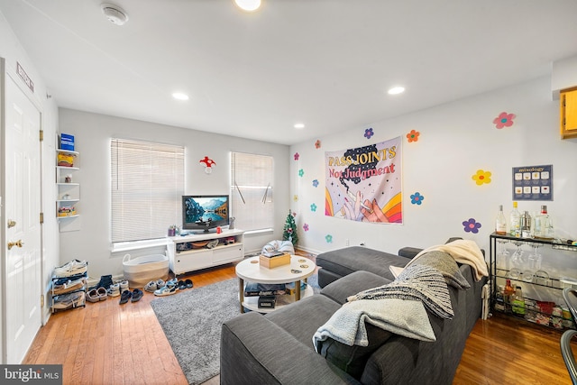 living area featuring wood finished floors and recessed lighting