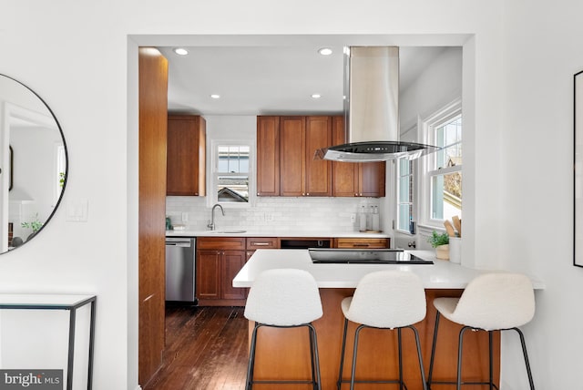 kitchen featuring black electric stovetop, a sink, a healthy amount of sunlight, stainless steel dishwasher, and island exhaust hood