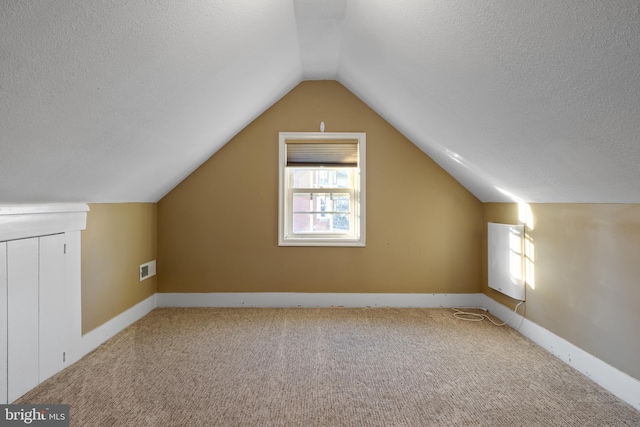 additional living space featuring carpet floors, baseboards, a textured ceiling, and lofted ceiling