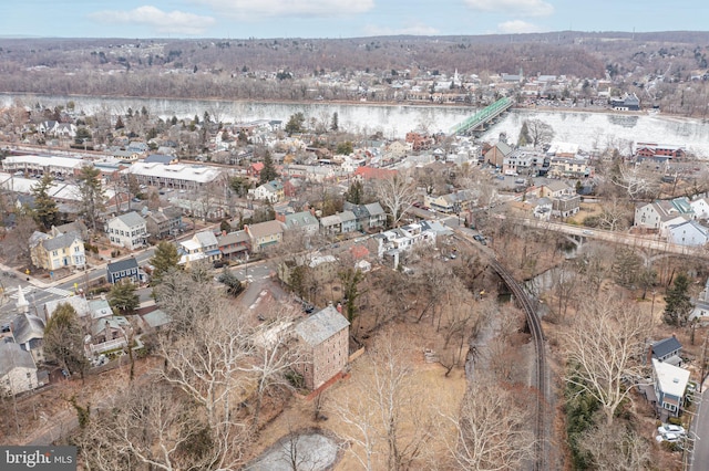 aerial view featuring a water view