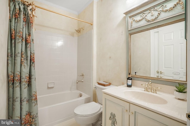 bathroom with toilet, shower / bathtub combination with curtain, ornamental molding, and vanity