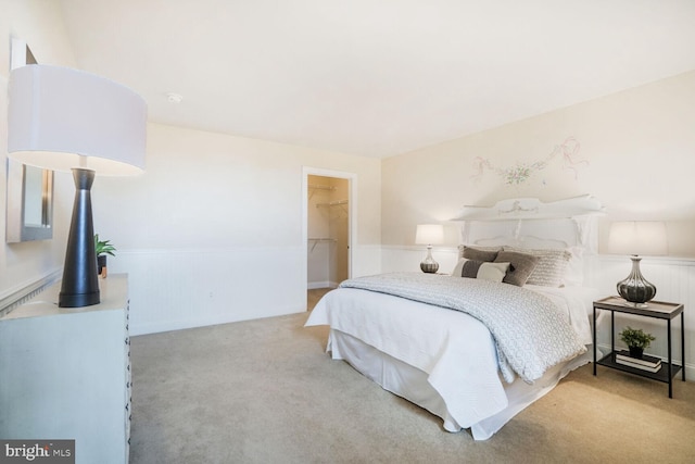 carpeted bedroom featuring a closet, wainscoting, and a spacious closet