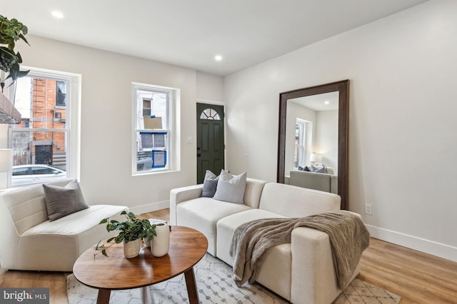 living area featuring baseboards, light wood-type flooring, and a healthy amount of sunlight