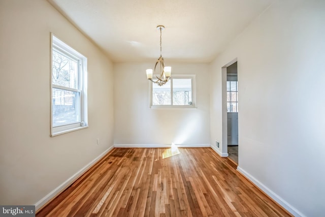 unfurnished dining area with wood finished floors, a wealth of natural light, and baseboards