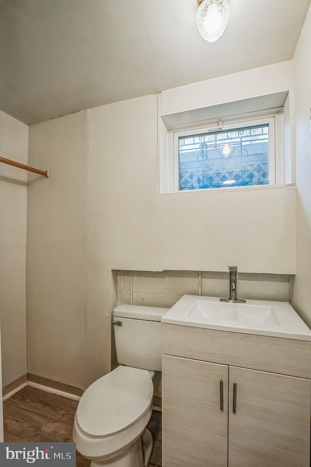 bathroom with wood finished floors, vanity, and toilet