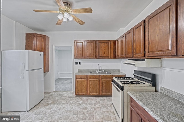 kitchen featuring extractor fan, white appliances, a sink, light countertops, and brown cabinetry