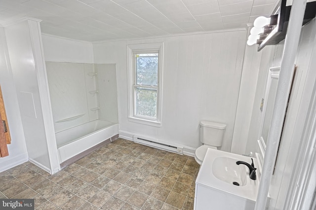 full bath with a baseboard radiator, vanity, toilet, and baseboards