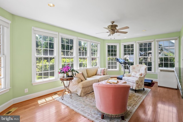 sunroom / solarium featuring visible vents and a ceiling fan