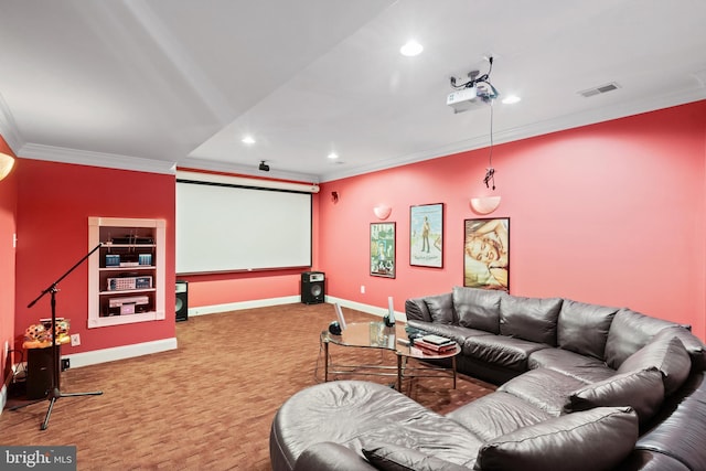 carpeted home theater room featuring ornamental molding, recessed lighting, visible vents, and baseboards