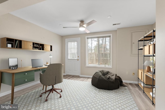 office space with built in desk, light wood finished floors, visible vents, a ceiling fan, and baseboards