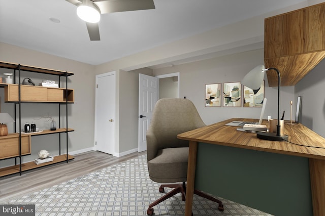 home office with ceiling fan, wood finished floors, and baseboards