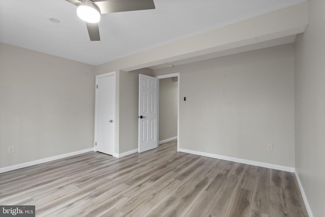 unfurnished room featuring wood finished floors, a ceiling fan, and baseboards