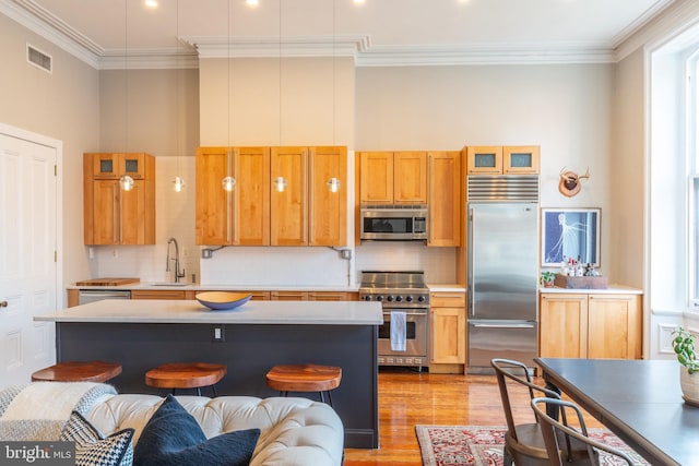 kitchen featuring crown molding, light countertops, visible vents, a sink, and high quality appliances