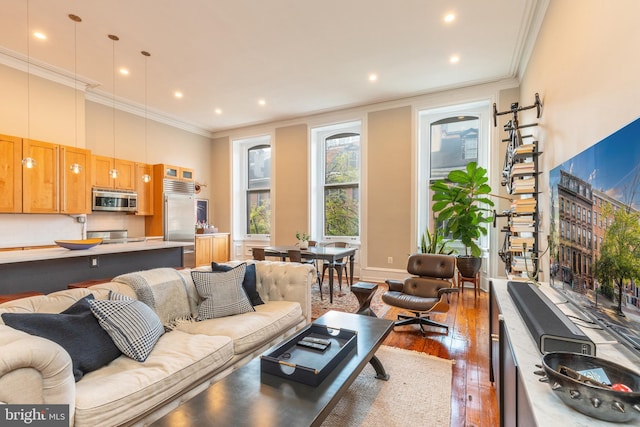 living area featuring ornamental molding, recessed lighting, and dark wood finished floors