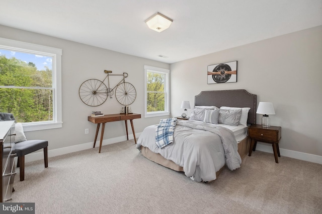 bedroom featuring carpet floors, multiple windows, and baseboards