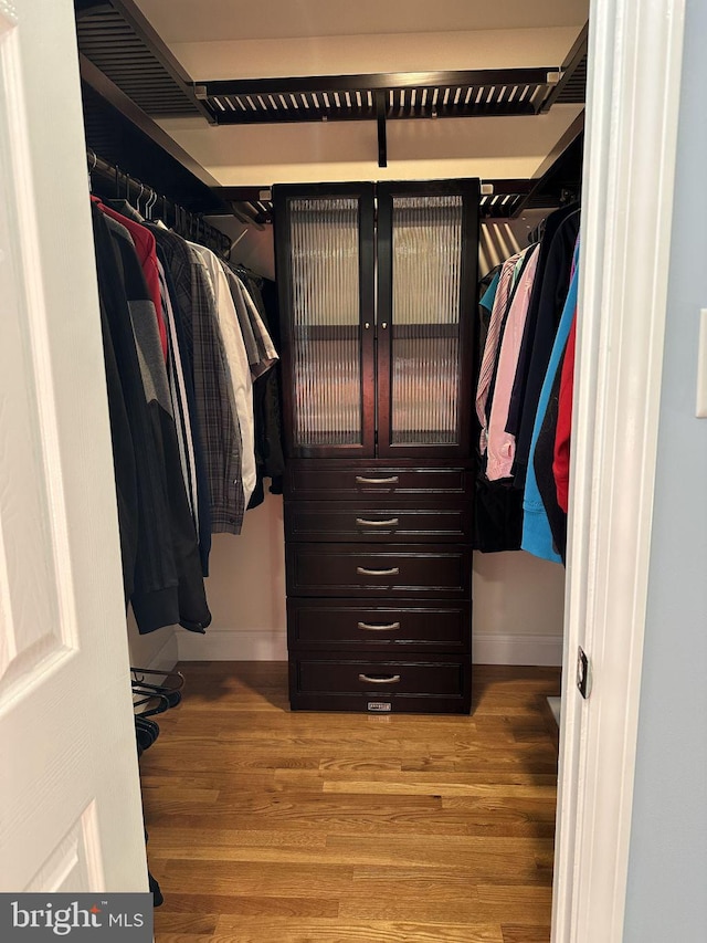 walk in closet with light wood-style flooring