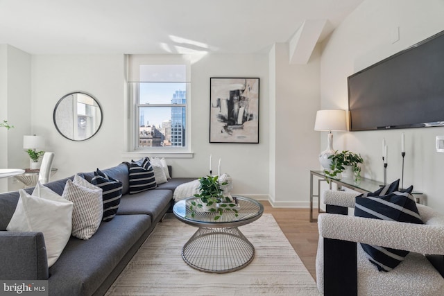 living room with wood finished floors and baseboards