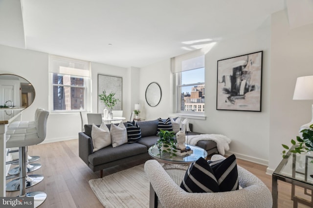 living area with wood finished floors and baseboards