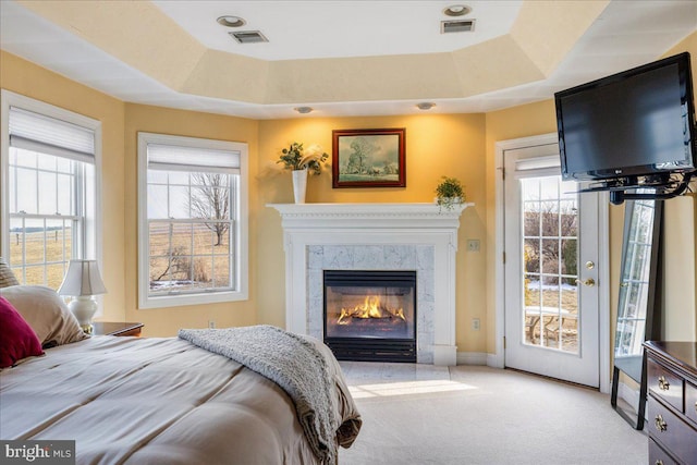 bedroom featuring multiple windows, a raised ceiling, and access to outside