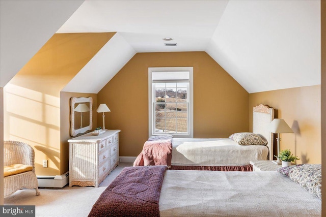 bedroom with a baseboard heating unit, carpet, visible vents, and vaulted ceiling