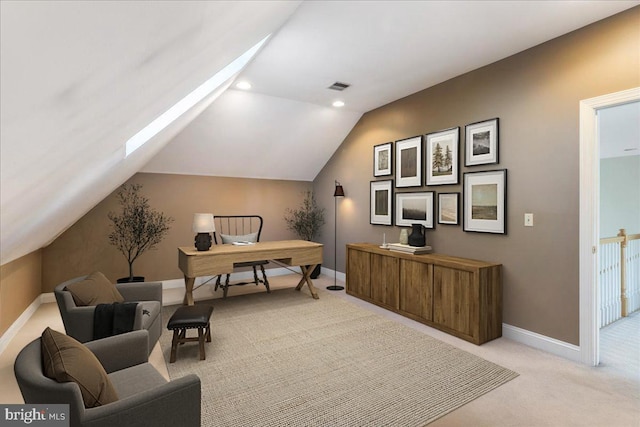 office space featuring visible vents, baseboards, light colored carpet, vaulted ceiling, and recessed lighting