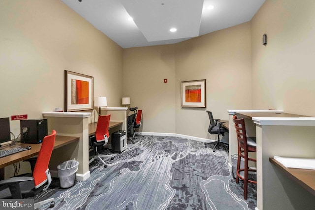 carpeted home office with recessed lighting and baseboards