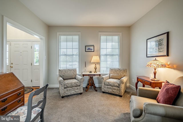 sitting room with carpet floors and baseboards