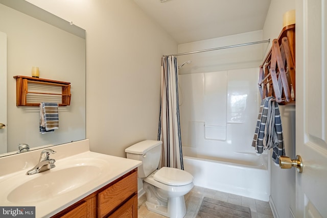 full bathroom with shower / bath combo, vanity, and toilet