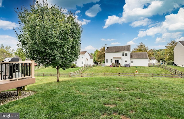 view of yard featuring a fenced backyard, a deck, and a rural view